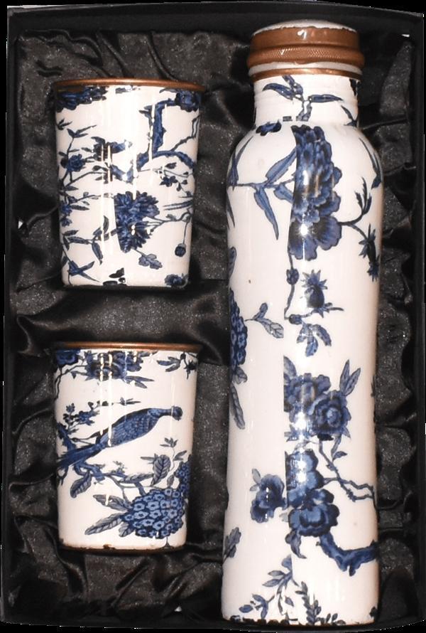 Blue Flower Meena Printed Copper Bottle and Glass Set - YesNo