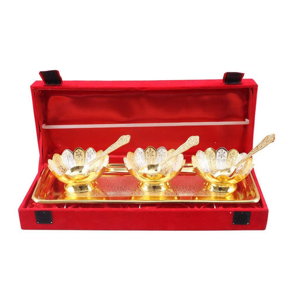3 Brass Bowl Set with Tray and Spoon - YesNo